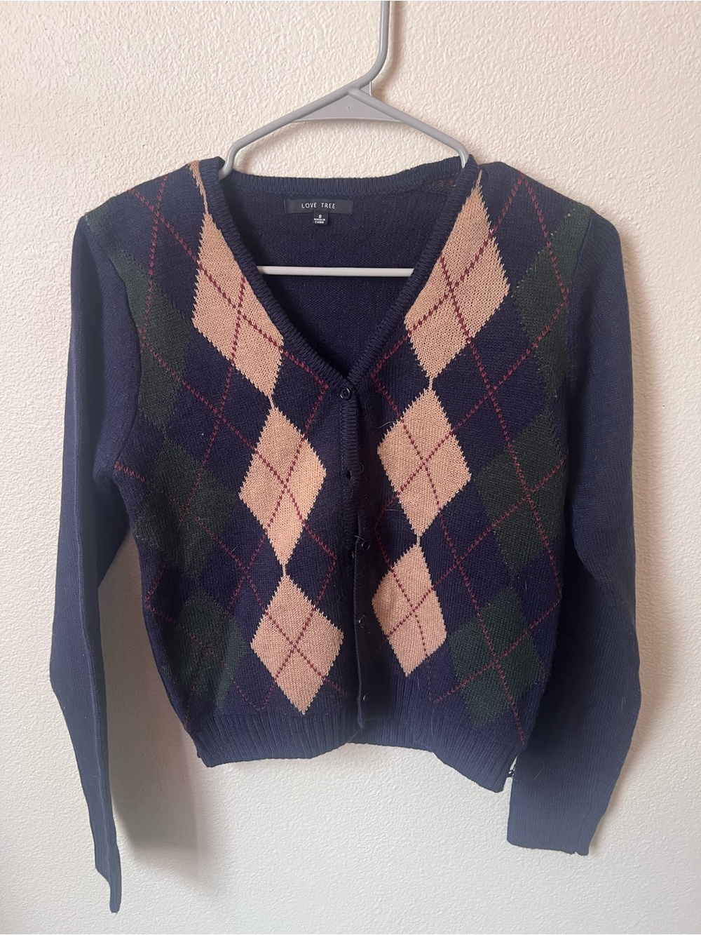 Love Tree Navy and Beige Argyle V-Neck Cardigan